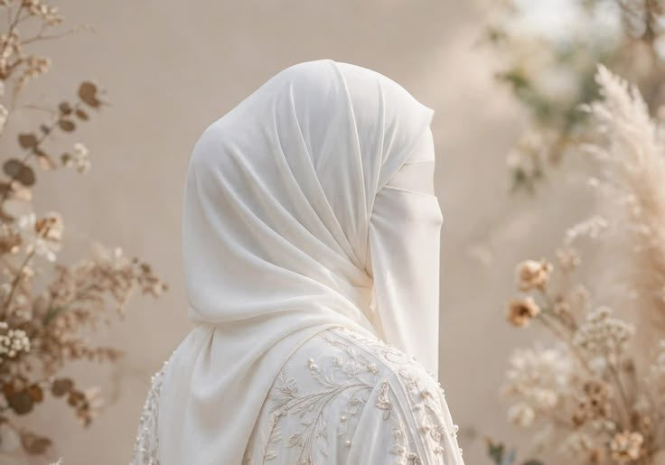Abaya bianca indossata da una donna in un giardino, senza volto visibile